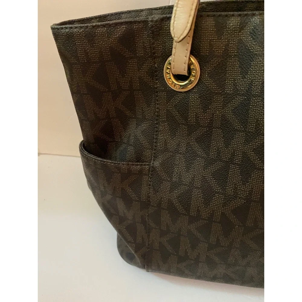 Michael Kors Jet Set Travel Tote Bag Brown Signature Logo MK Gold Hardware